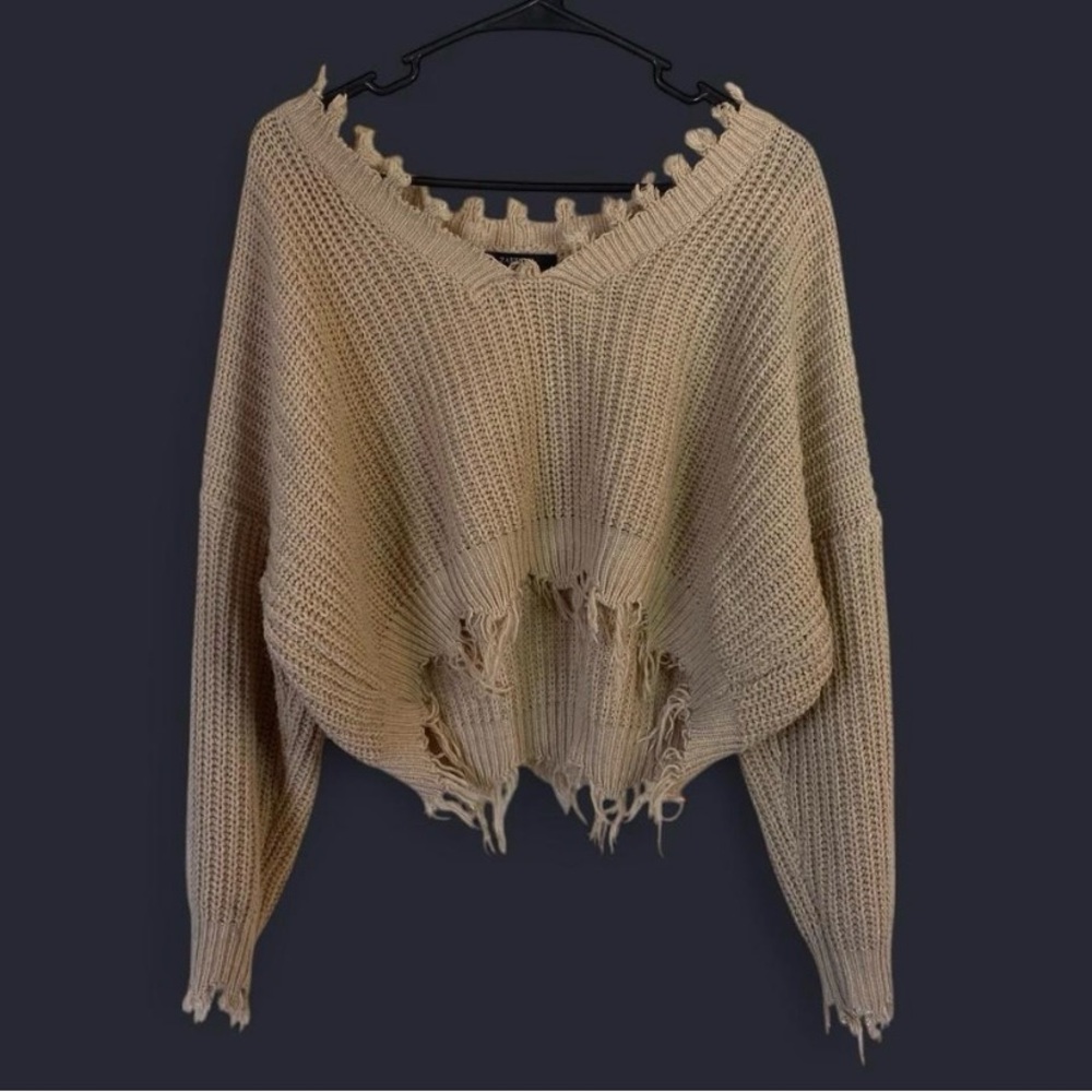 Women's Beige Distressed Sweater